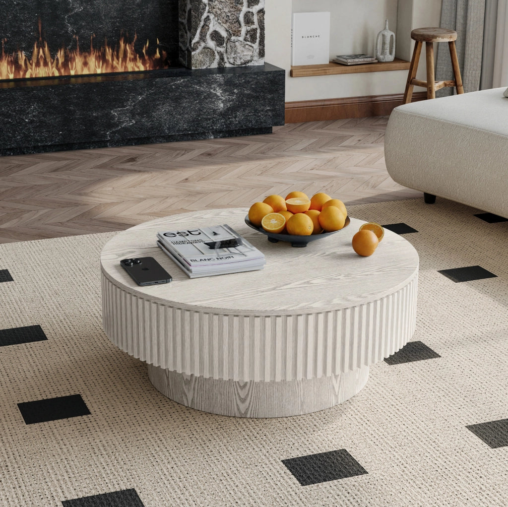 Tavolino da caffè rotondo 75 cm con contenitore nascosto in legno e MDF bianco rétro