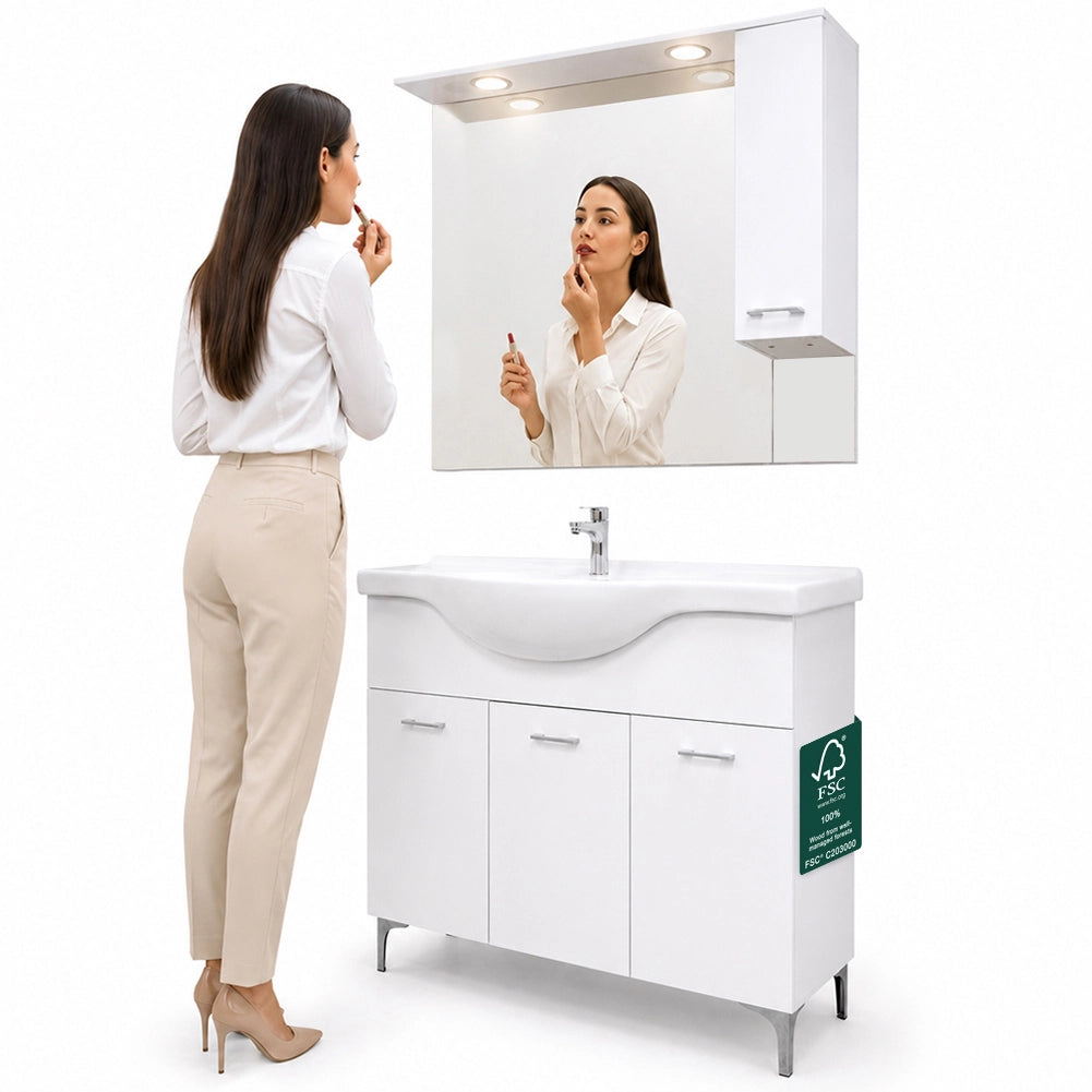 Set Completo Mobile da Bagno da Terra 101cm Tre Ante Bianco Specchio e Accessori