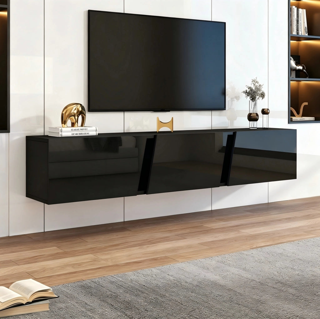 Mobile TV sospeso 180x35x30 cm con LED controllate da app; 3 ante ribaltabili; in truciolare; nero