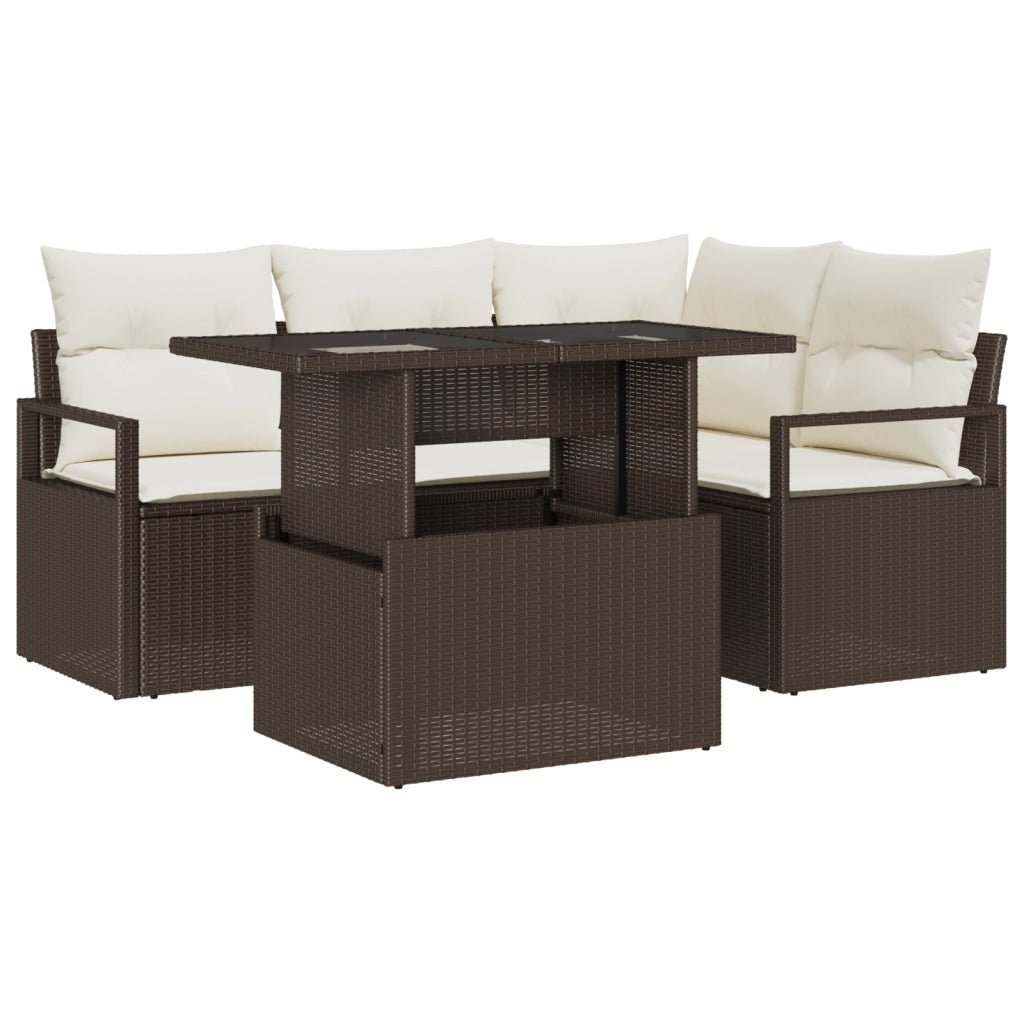 Set Divano da Giardino 5 Pezzi con Cuscini Marrone Poly Rattan