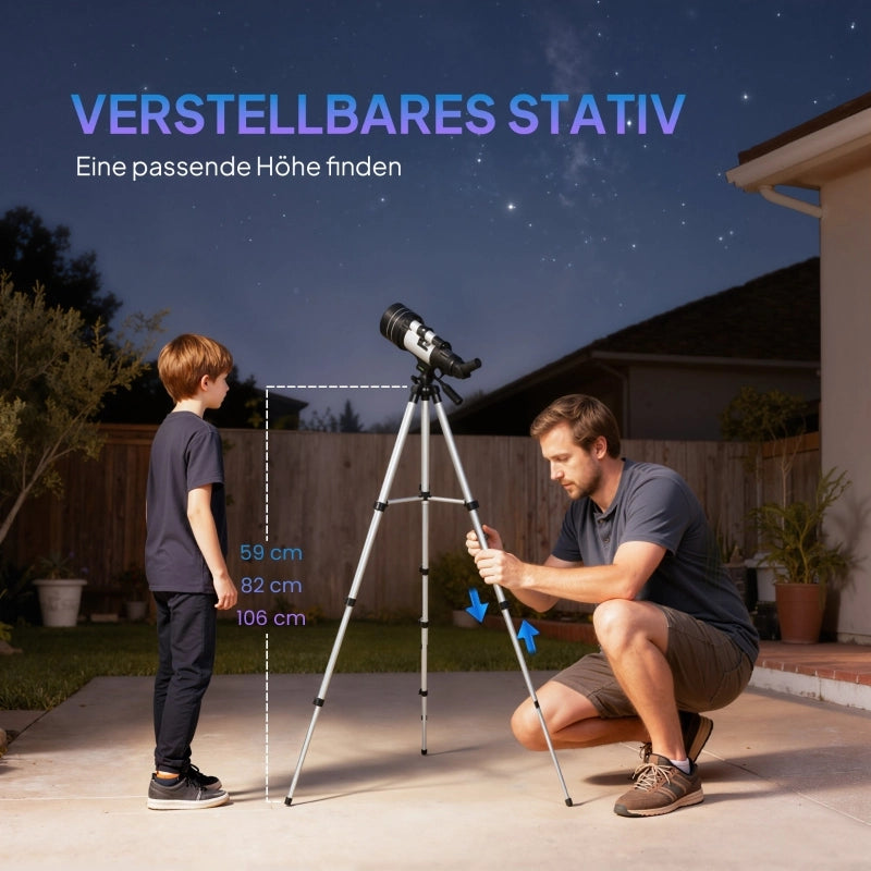 Telescopio, lente da 70 mm, binocolo 5 x 24, treppiede regolabile, colore argento