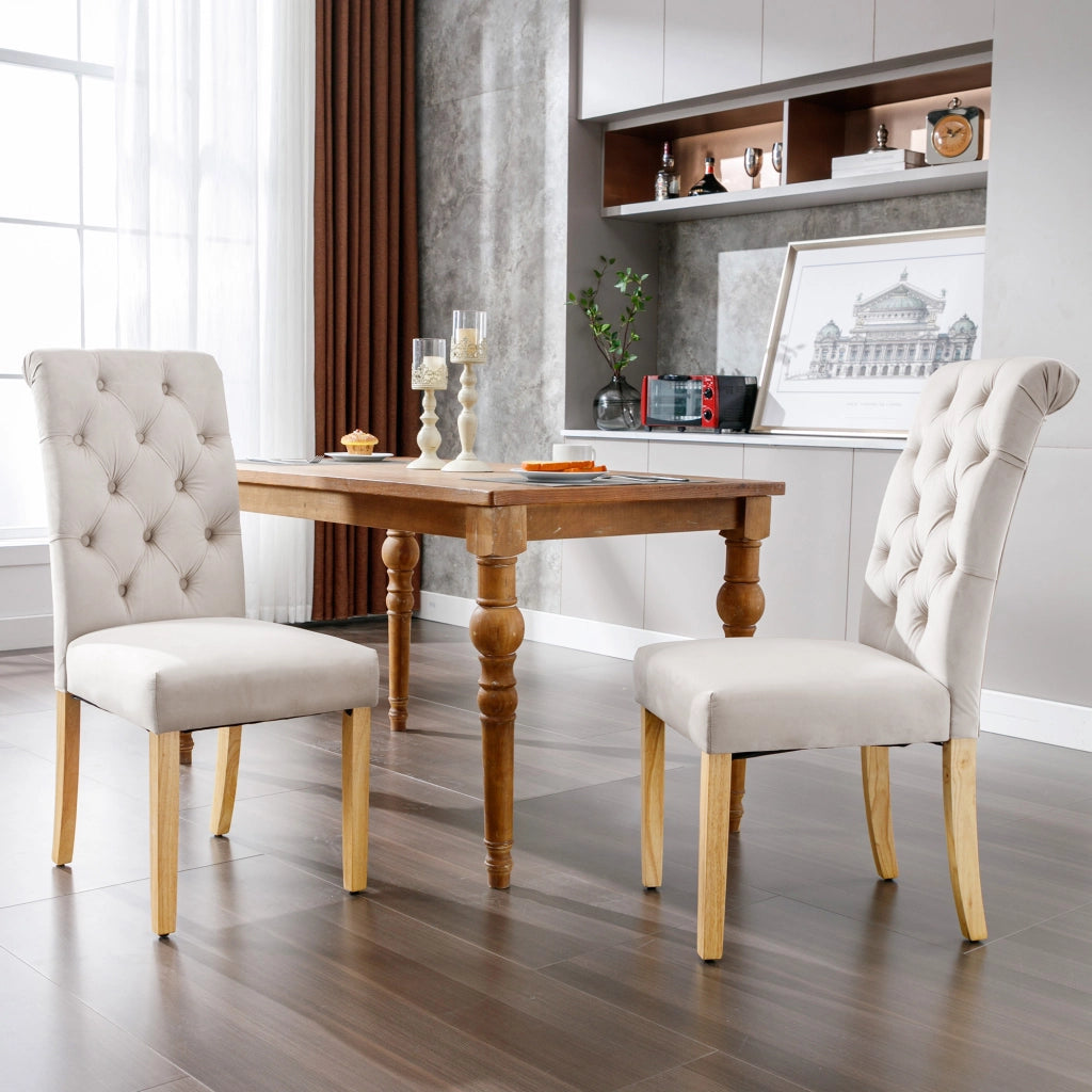 Set di 2 sedie da pranzo in velluto beige con gambe in legno massiccio e design imbottito