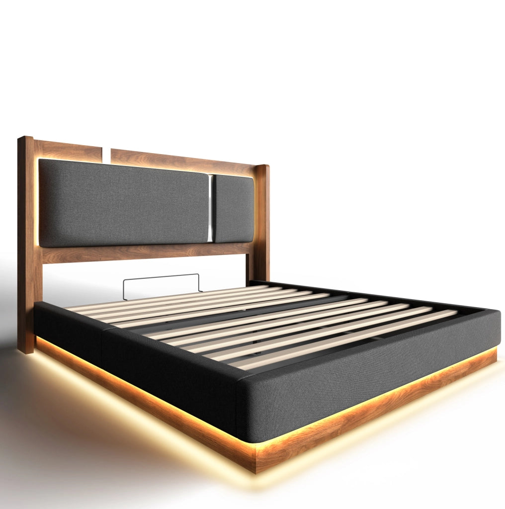 Letto 180x200 cm con contenitore idraulico e LED, in lino, legno e metallo grigio e noce