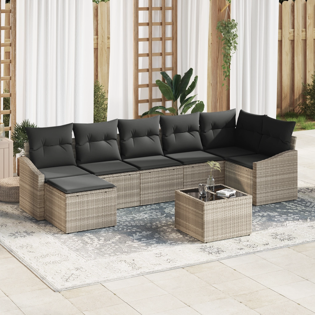 Set da pranzo da giardino in 8 pezzi con cuscini grigi in polyrattan