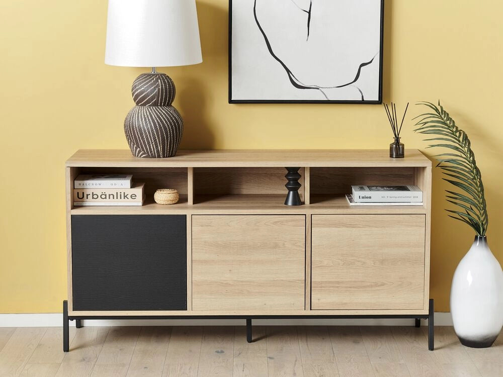 Credenza a 3 ante in legno chiaro e MDF grigio con finitura in carta 3 ante aperte