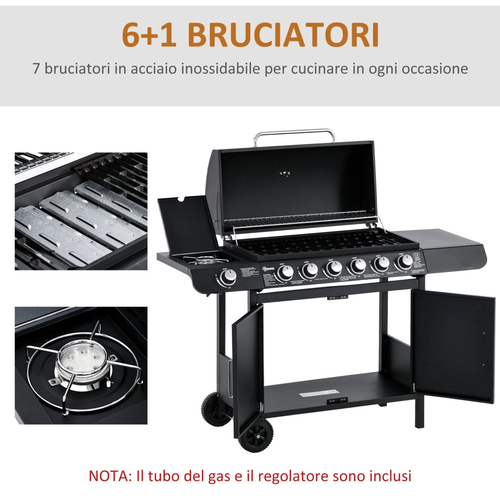 Easycomfort Barbecue a Gas con Coperchio, 7 Bruciatori da 20kW, Fornello Laterale e 2 Ruote, 135x50x100cm Nero