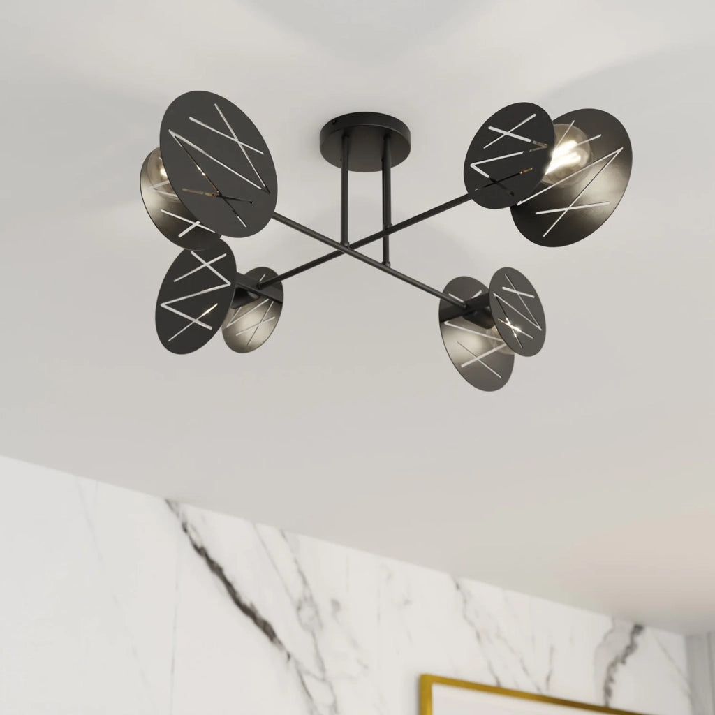 Plafoniera 4 Luci Plutone In Acciaio Nero A Bracci E Diffusori A Cerchio