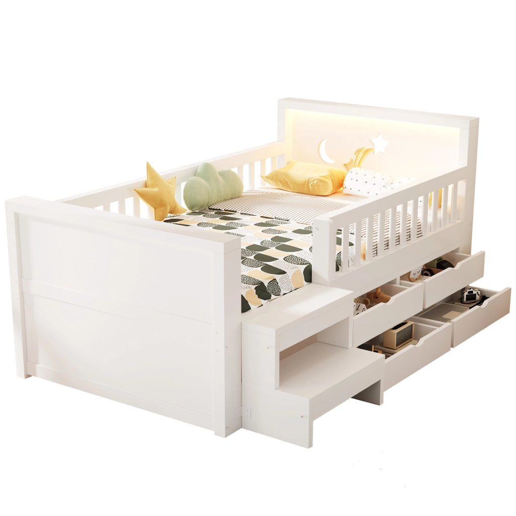 Letto singolo per bambini 90x200 cm con 4 cassetti; testiera stelle e luna; gradino; sponda e LED; legno bianco