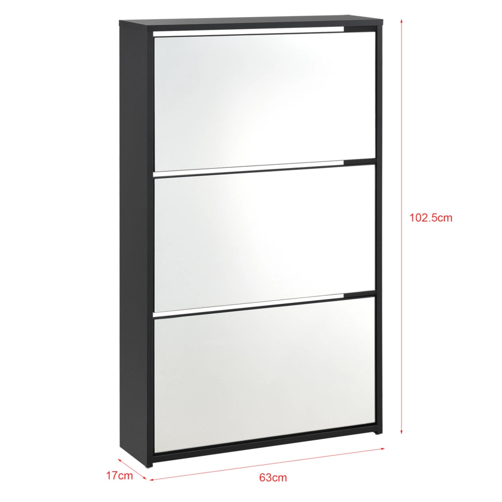 Scarpiera Vogar con 3 Contenitori Ribaltabili Mobile Portascarpe con Ante a Specchio 103x63x17 cm Nero [en.casa]