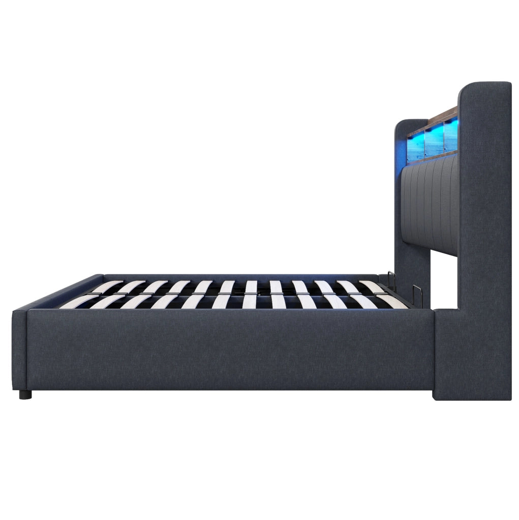 Letto imbottito 140x200 cm; LED e USB; contenitore idraulico; lino; grigio