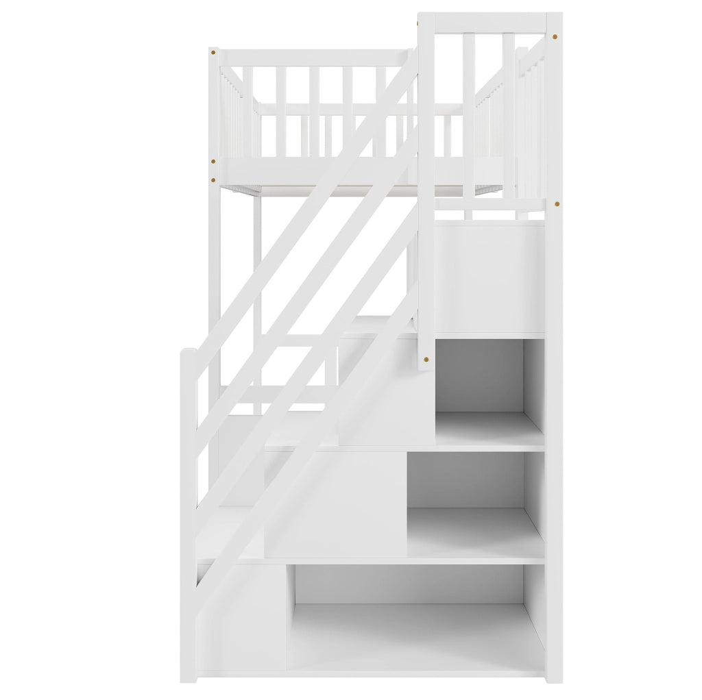 Letto a soppalco 90x200 cm con scala contenitore; legno; bianco (Senza materasso)