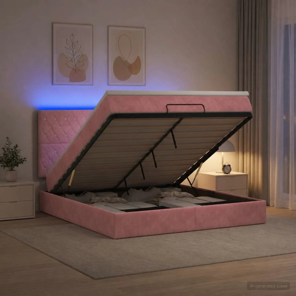 Letto Ottomano con Materasso e LED Rosa 140 x 190 cm Velluto 3458234