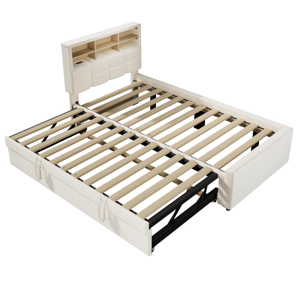 Letto singolo in velluto beige 90x200 cm con letto estraibile e prese USB