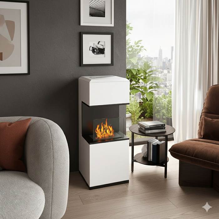 Camino a Bioetanolo da Pavimento 38x38x100 cm Bruciatore 1,2L Bianco