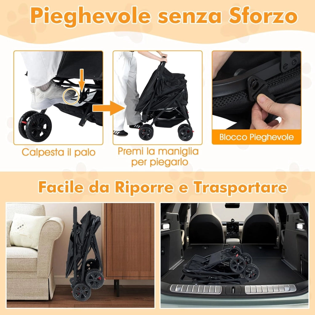 Passeggino Doppio per Cani, Carrozzina Pieghevole a 2 Posti con Tettuccio Regolabile, Cuscino Rimovibile, Cintura di Sicurezza, Cestino e 4 Ruote, Passeggino per 2 Cuccioli e Gatti (Nero)
