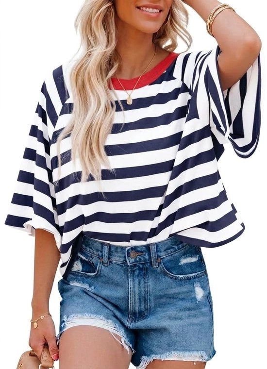 T-shirt oversized per donne - con disegno a righe - maniche corte - collo rotondo - stile casual