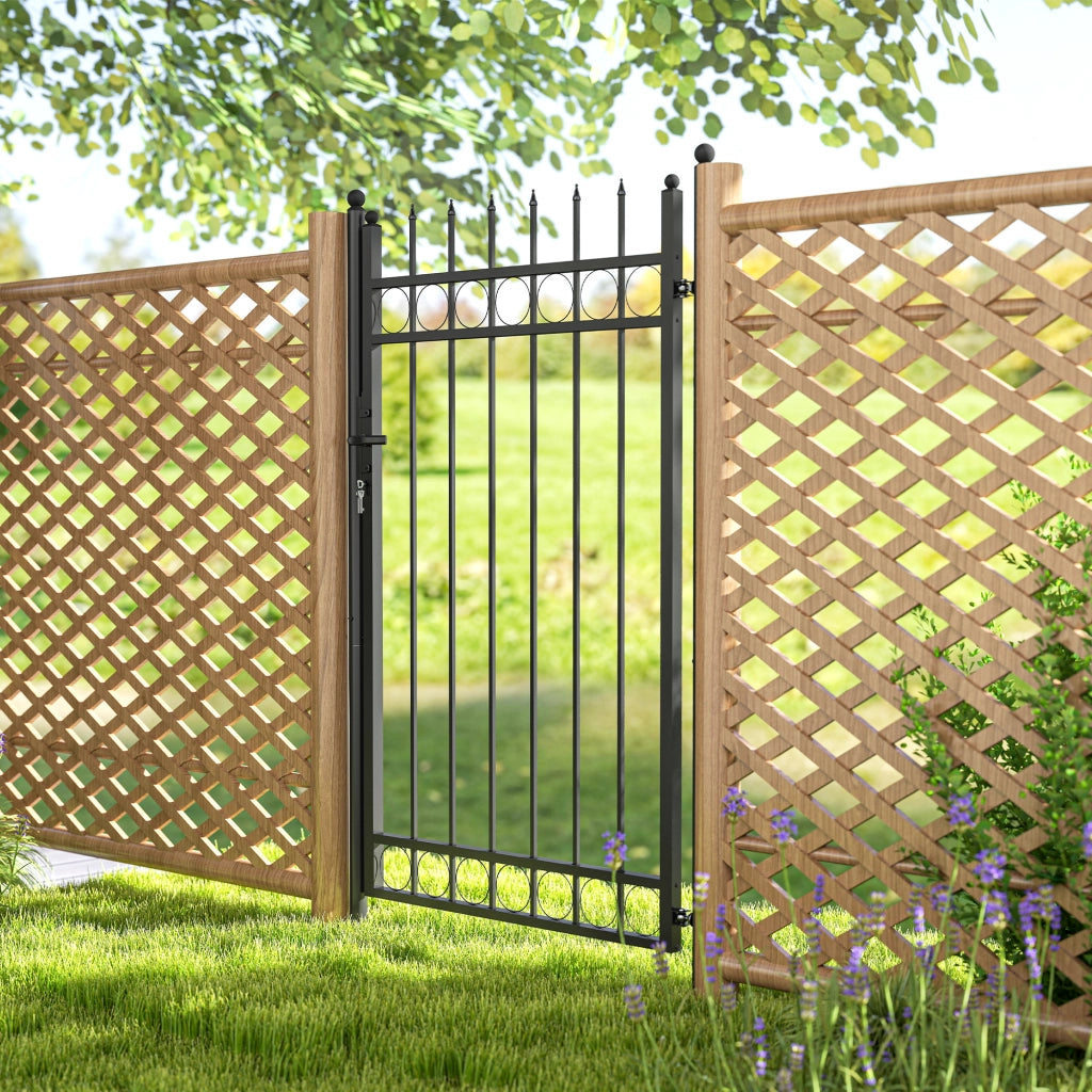 Cancello da Giardino a 2 Paletti con Maniglia 105x204 cm con Lucchetto e 3 Chiavi in Acciaio Zincato Nero