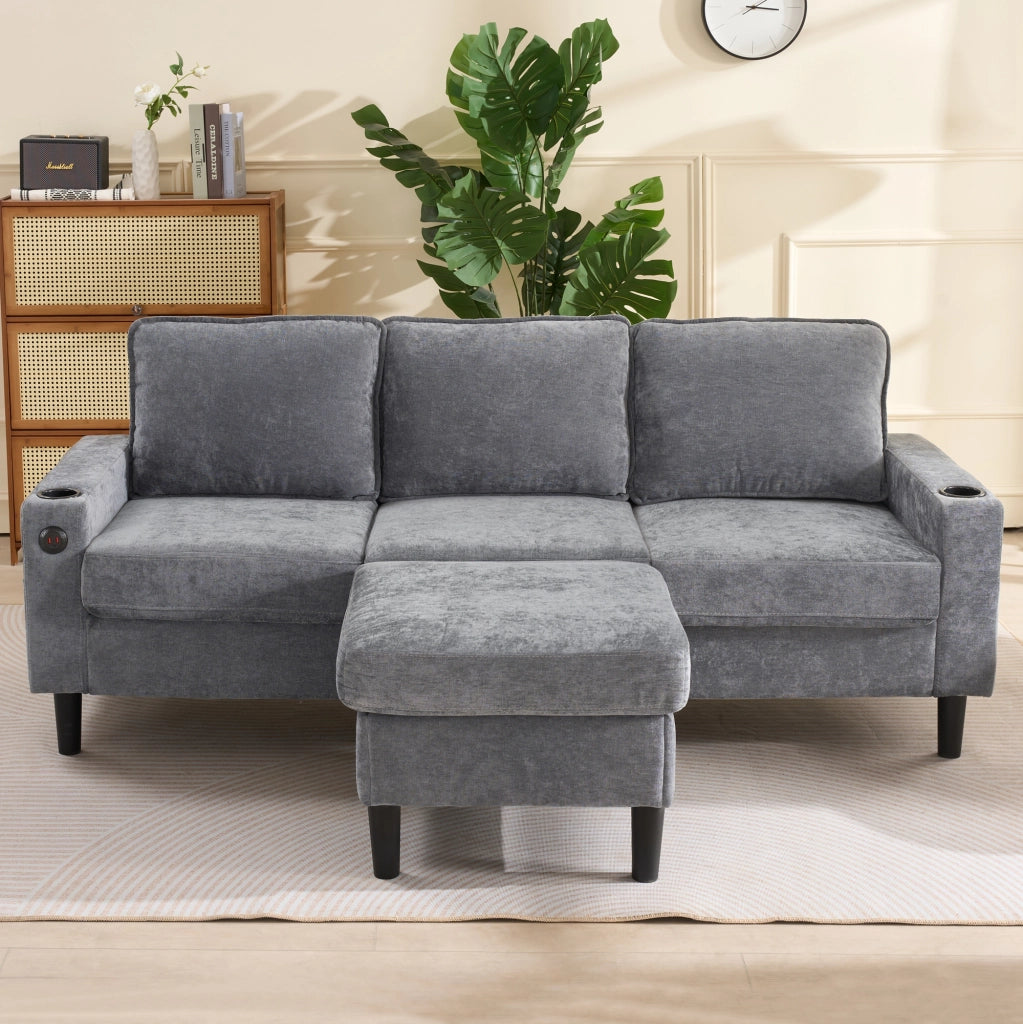 Divano 3 Posti in Lino Grigio a L con Pouf e Porte USB