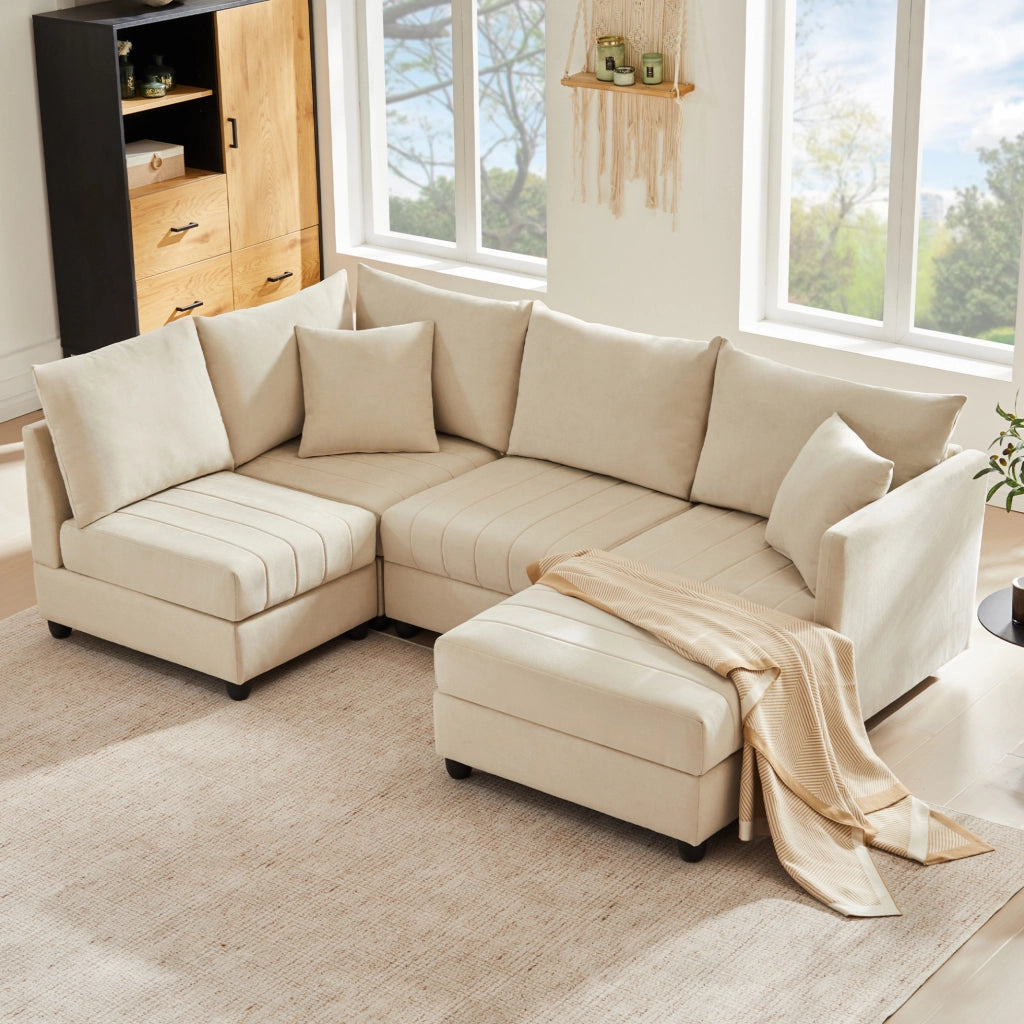 Divano modulare 5 posti beige con poggiapiedi trasformabile e molle indipendenti confortevole