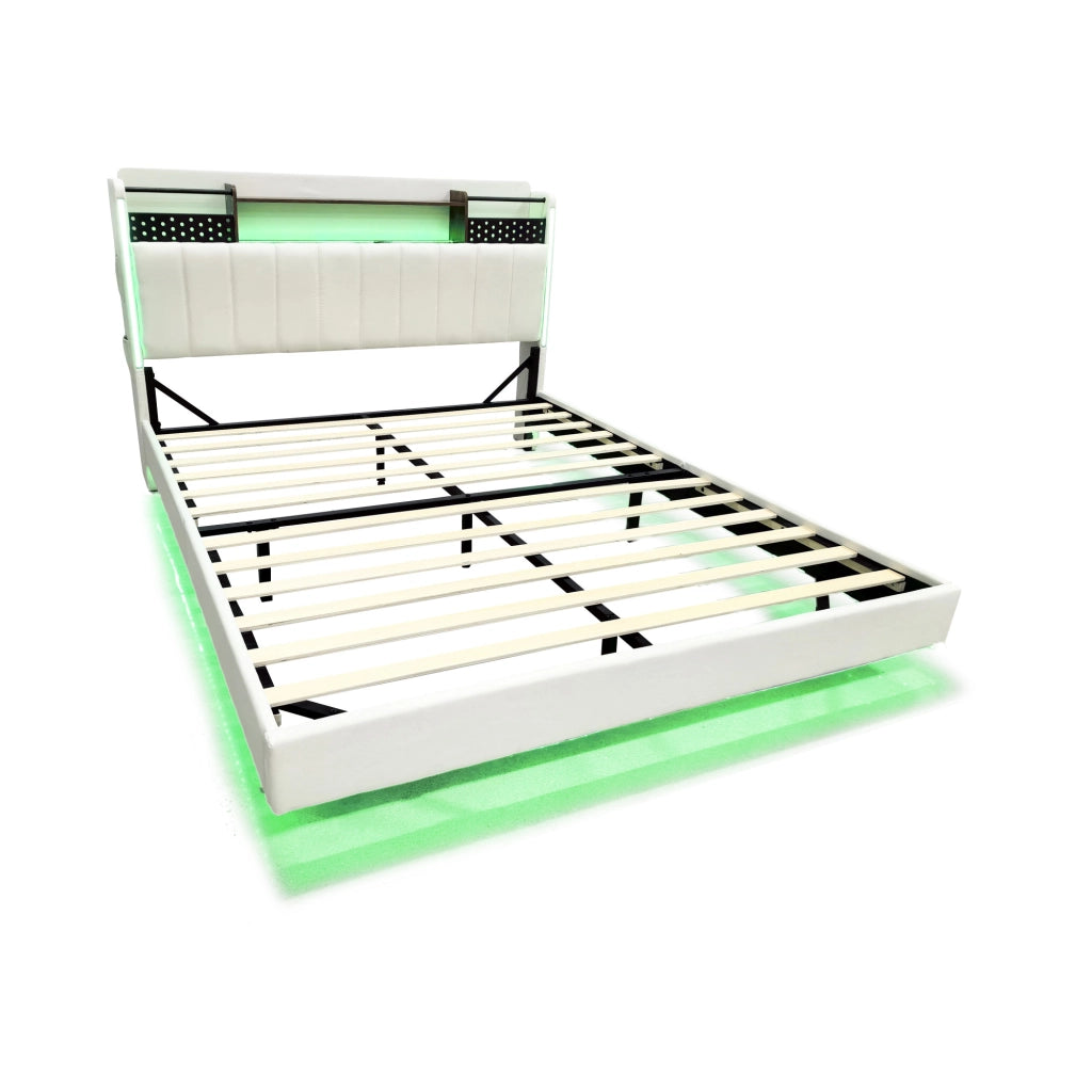 Letto Matrimoniale 140x200 cm; con USB; LED; testiera con vani; Beige