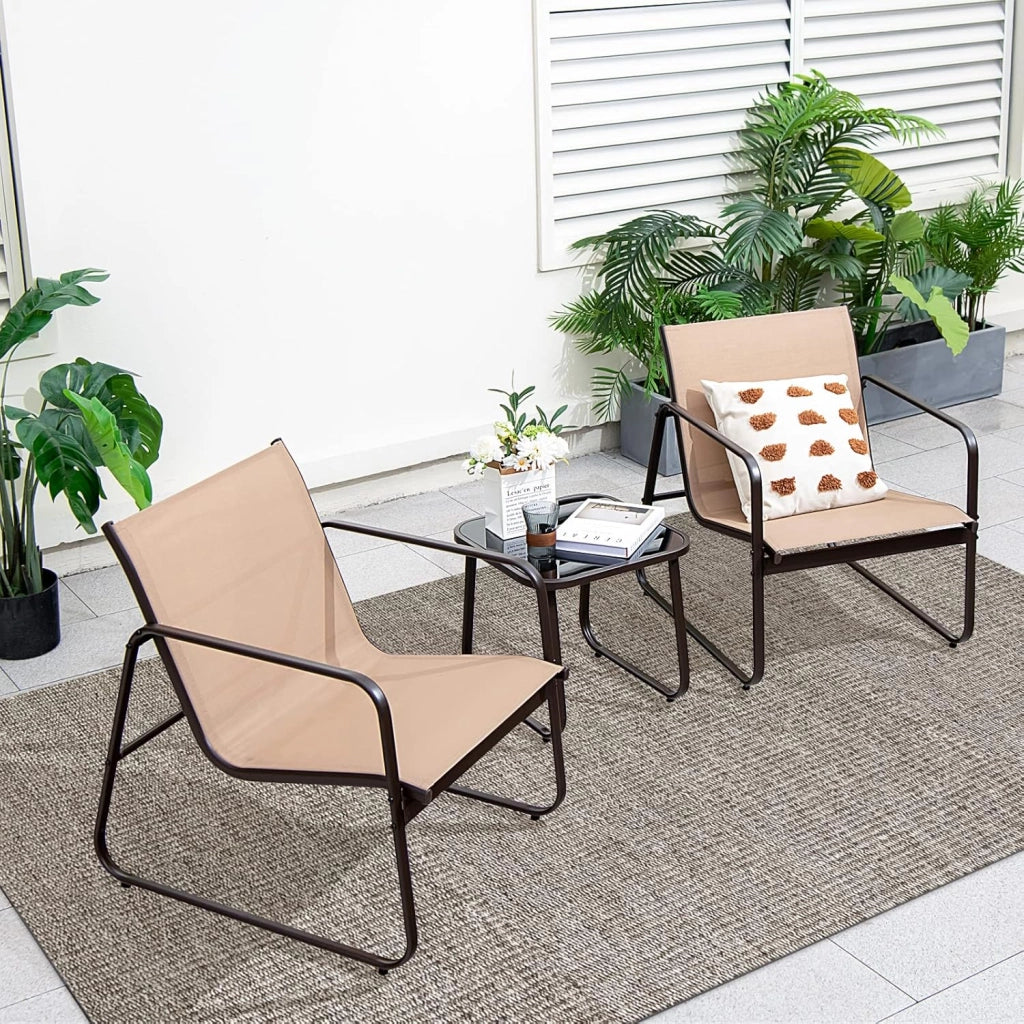 Set da Conversazione per Patio 3 Pezzi, Set di Sedie e Tavolo in Metallo e Textilene per Esterni, Piano Tavolo in Vetro Temperato, Set di Mobili per Giardino, Cortile, Bordo Piscina