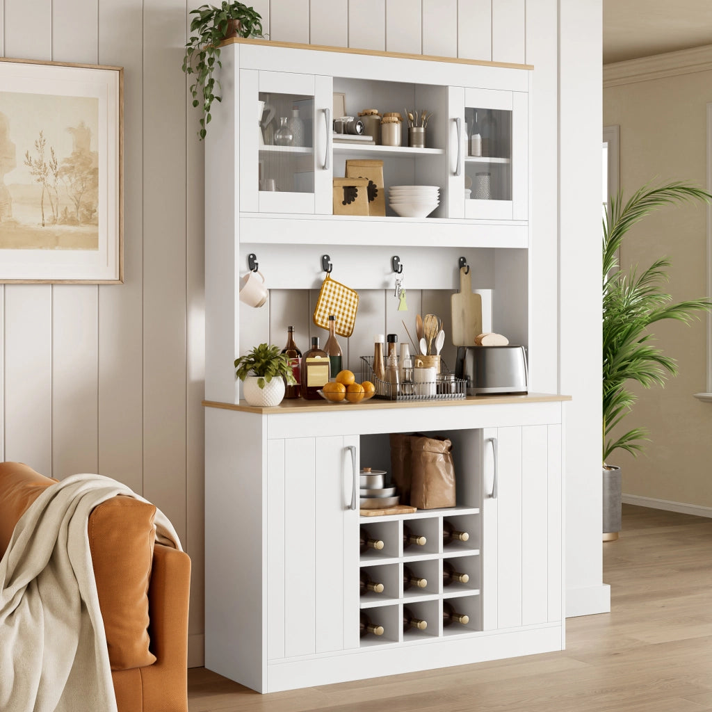 Credenza con vetrina e portabottiglie, 2 ante in vetro e ganci, per cucina e sala da pranzo, bianco, 106 × 39 × 175 cm
