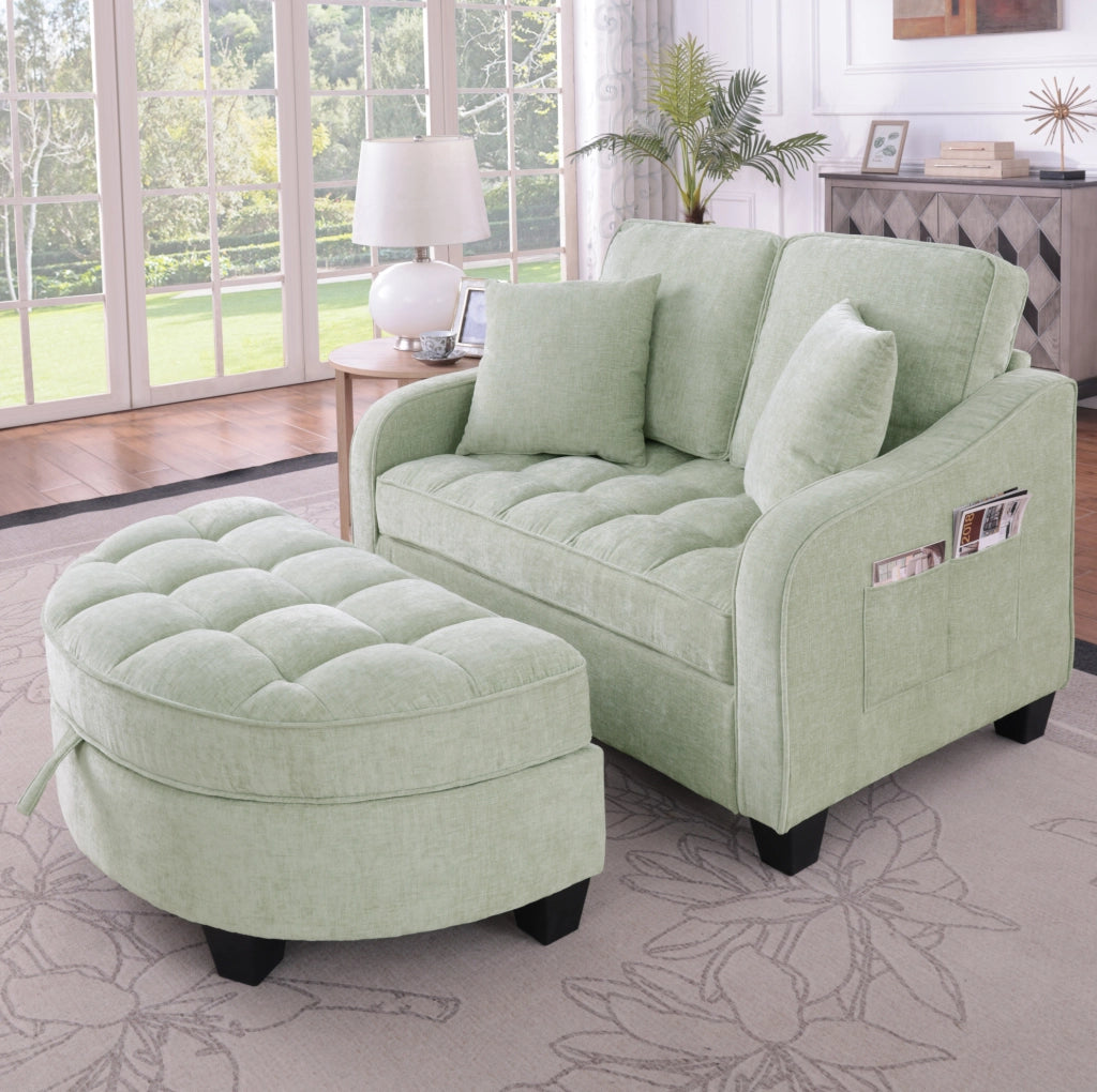 Divano letto 2 in 1 con pouf contenitore; 132x129x93 cm; legno di eucalipto; ciano