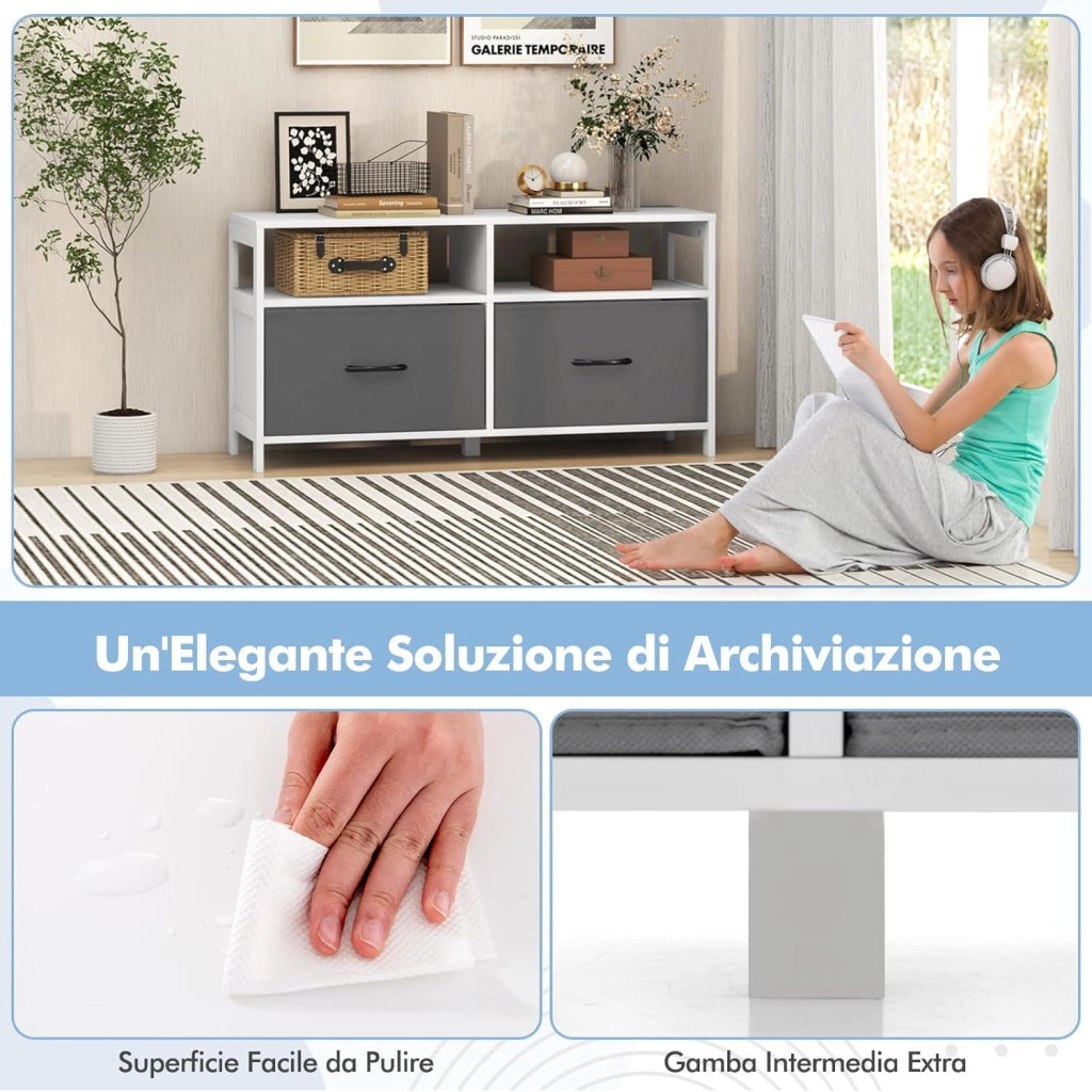 Cassettiera in Tessuto, Cassettiera con 2 Cassetti e 2 Ripiani Aperti, con Contenitori in Tessuto e Ampio Piano, per Camere da letto, Soggiorno e Ingresso, 100 x 30 x 53 cm