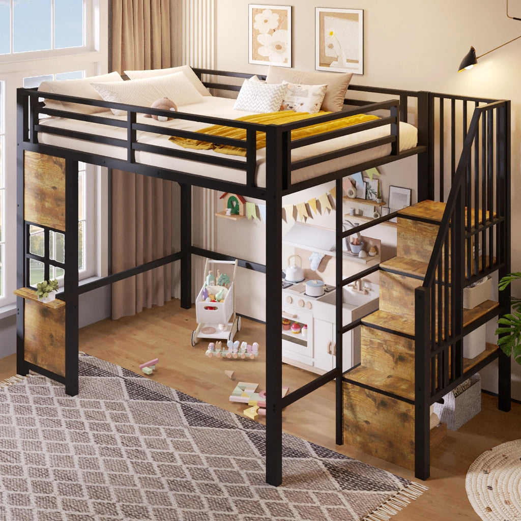 Letto a soppalco 140x200 cm con scala contenitore e area gioco, nero
