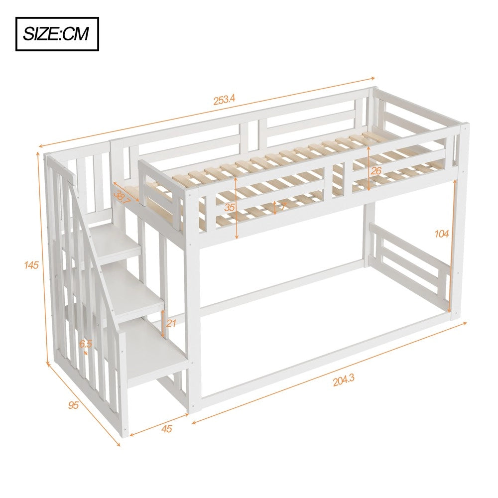 Letto a Castello Basso per Bambini con Scala ¨C MINIMAL ¨C Massello Bianco, Doghe, 90x200