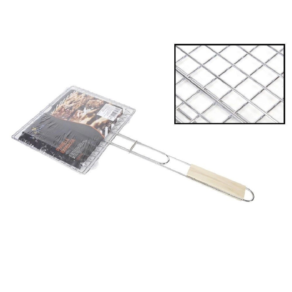 Trade Shop - Griglia Barbecue Doppia Grill Manico In Legno Graticola Arrosto Pesce 22.5x20.5cm -