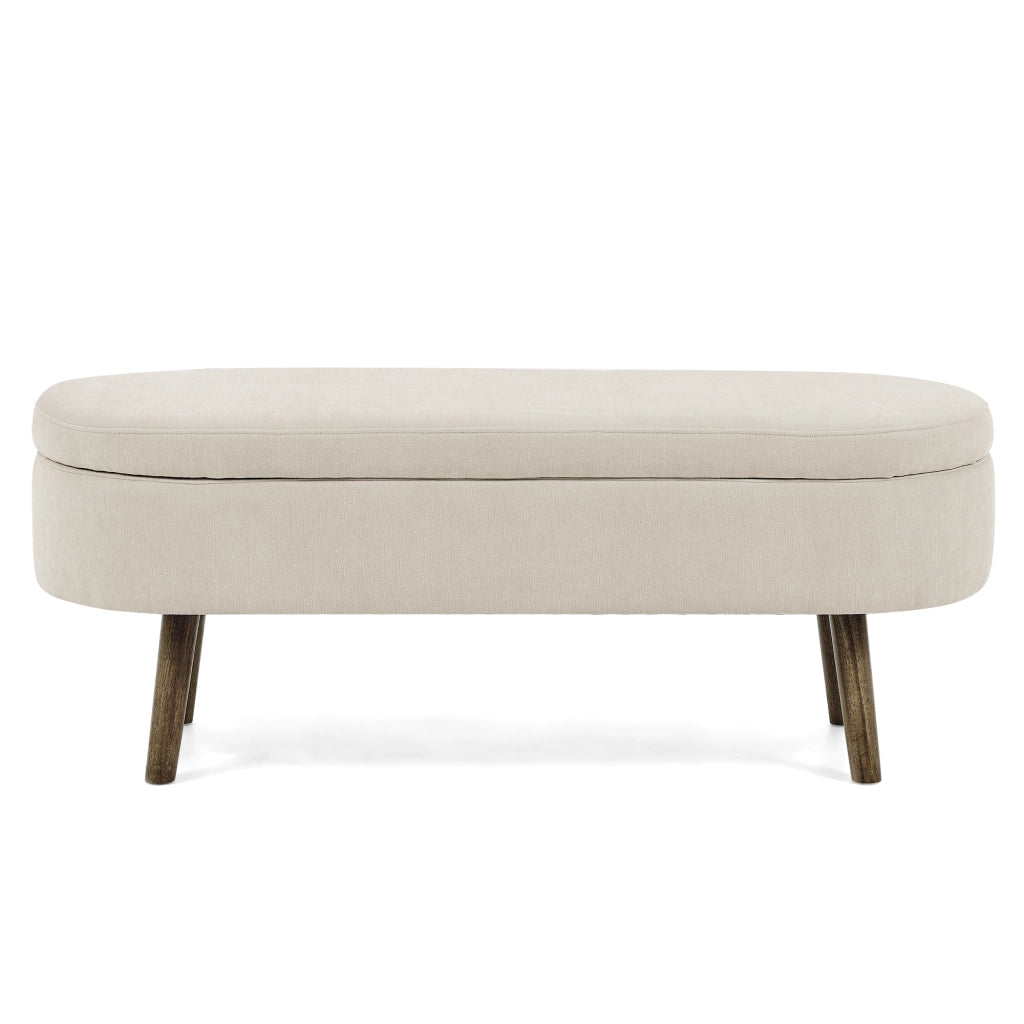 Panca contenitore con vano portaoggetti e coperchio ammortizzato in chenille e legno massello beige 110 × 40 × 42 cm