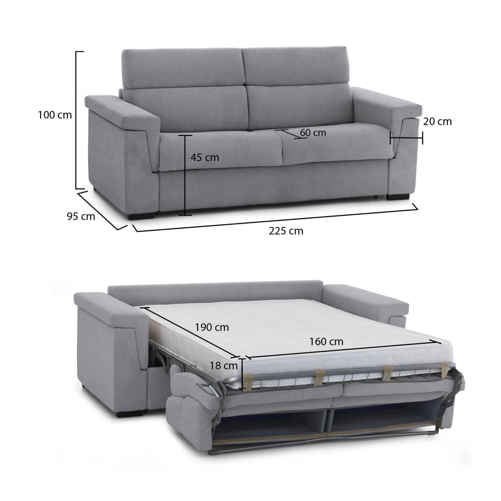 Benedetto, Divano Letto 3 Posti Sfoderabile Made in Italy, 225x95 cm Grigio
