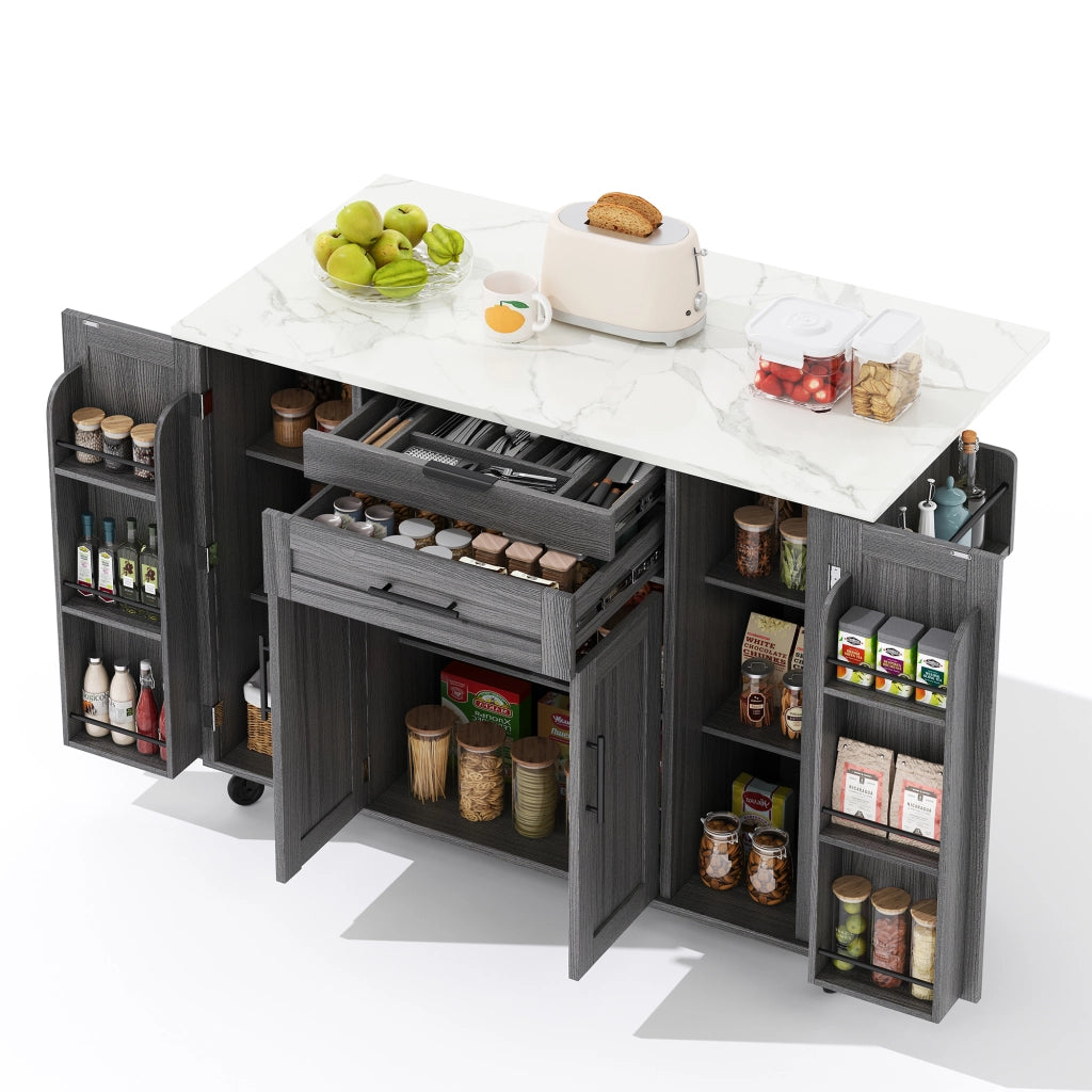 Isola da Cucina Mobile 136x45/70x92 cm Grigia e Legno con Piano Ribaltabile, Cassetti e 5 Ruote