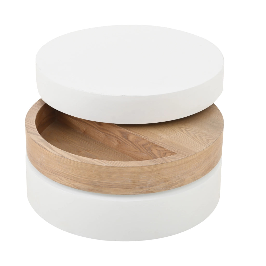 Tavolino basso girevole con 3 piani e vano contenitore nascosto per soggiorno in MDF bianco e legno naturale 60 × 60 × 35,1 cm
