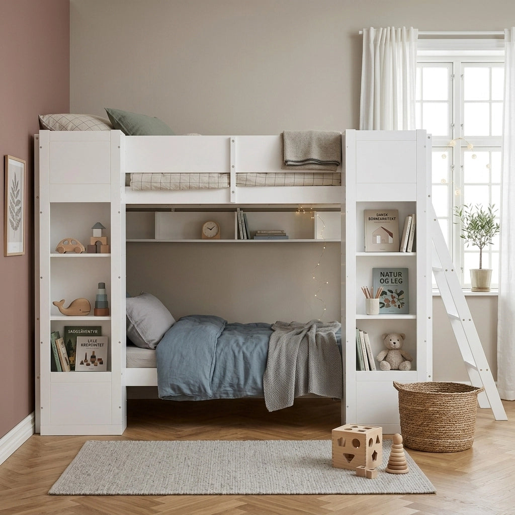 Letto a castello 90 × 200 cm con 2 armadi frontali, ripiano sospeso, scala reversibile, senza materasso, bianco