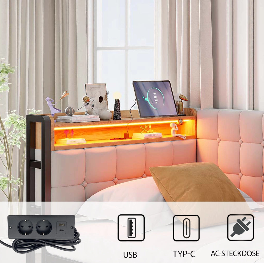 Divano letto imbottito 90x200 cm con LED, USB-C e cassetti