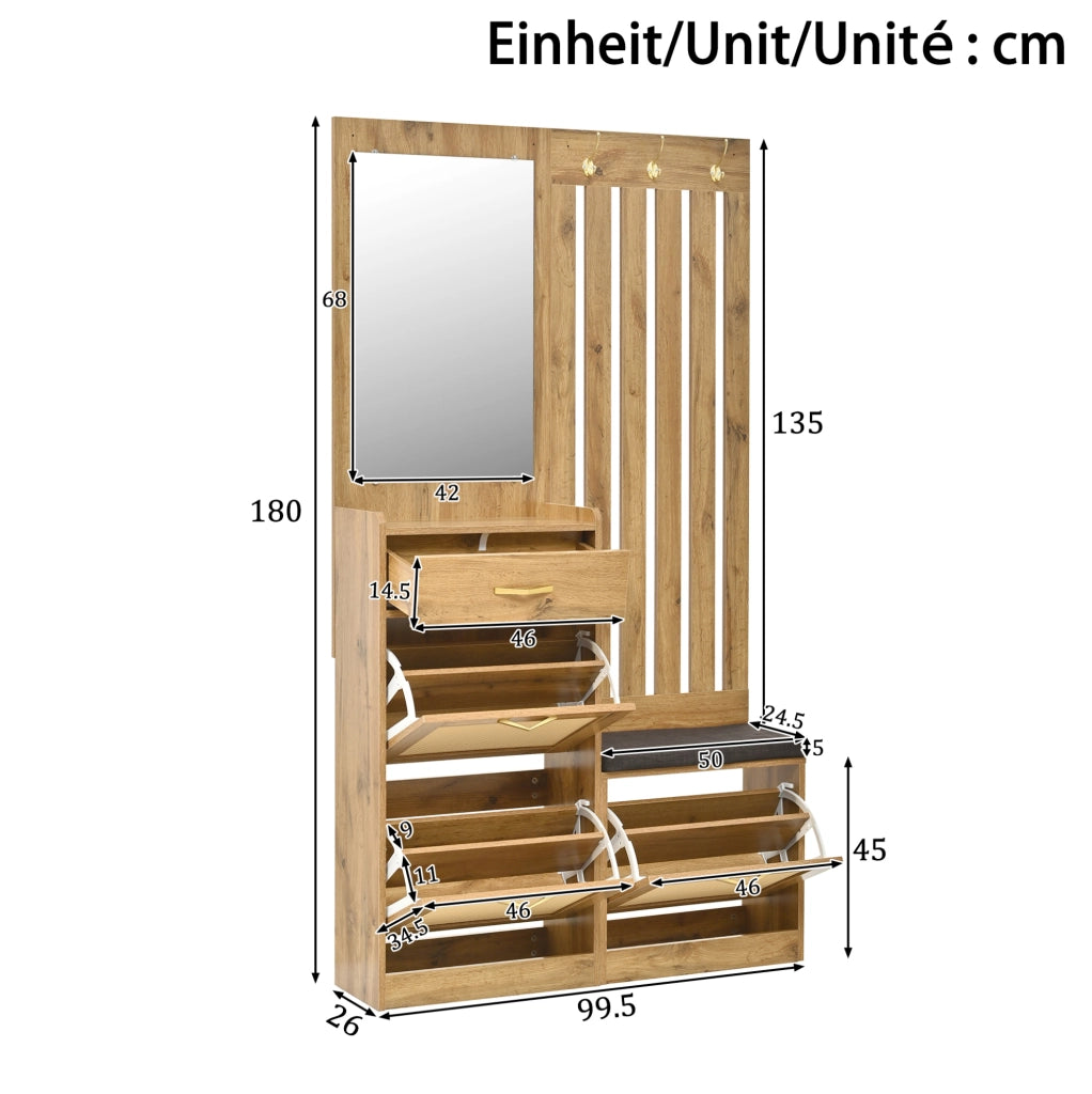Garderoba da ingresso 99.5x26x180 cm con specchio; pannelli portascarpe ribaltabili e panca imbottita; MDF; naturale