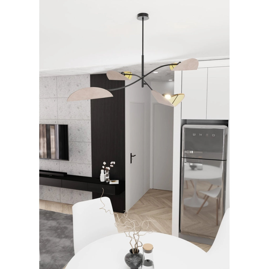 Lampada a sospensione Lotus in acciaio nero e velluto grigio