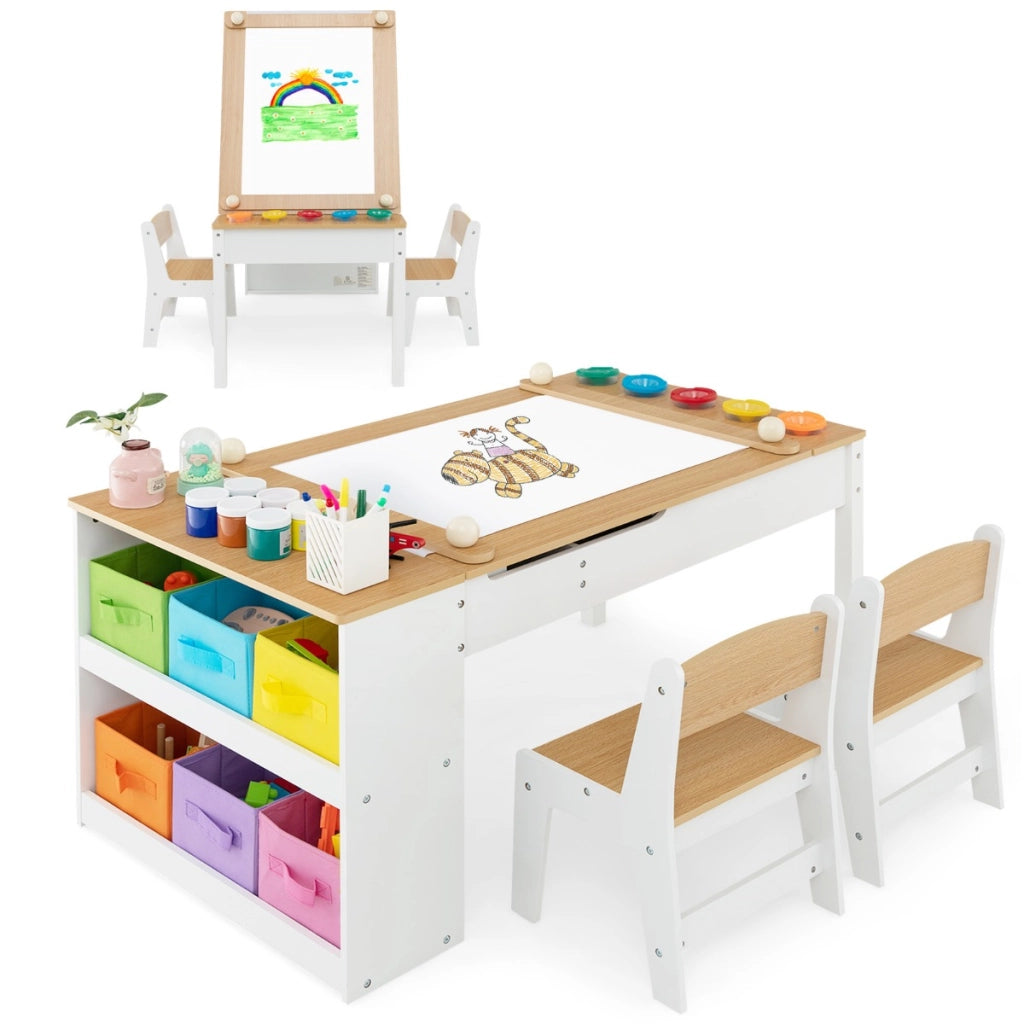 Set tavolo e sedia da disegno per bambini, Tavolo artistico con piano sollevabile 6 contenitori rullo di carta Naturale-Tavoli e sedie
