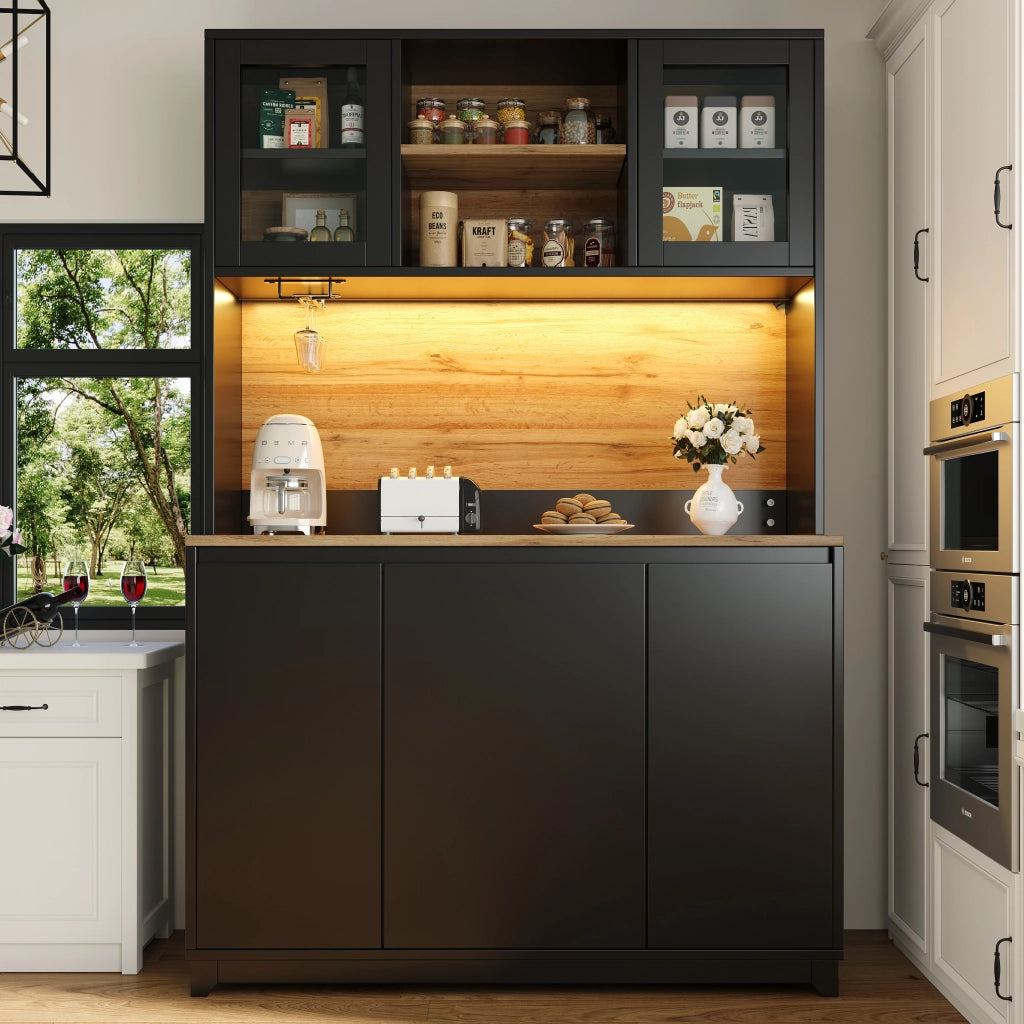 Credenza da Cucina Alta con Vani Aperti; Ante in Acrilico; LED e Vano Portarifiuti; Nero; 120 x 40 x 180 cm