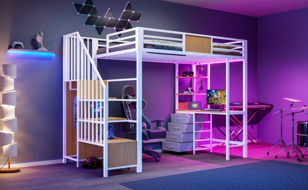 Letto a soppalco 90 × 200 cm con scrivania, ripiani, barra appendiabiti, LED, presa, senza materasso, metallo bianco