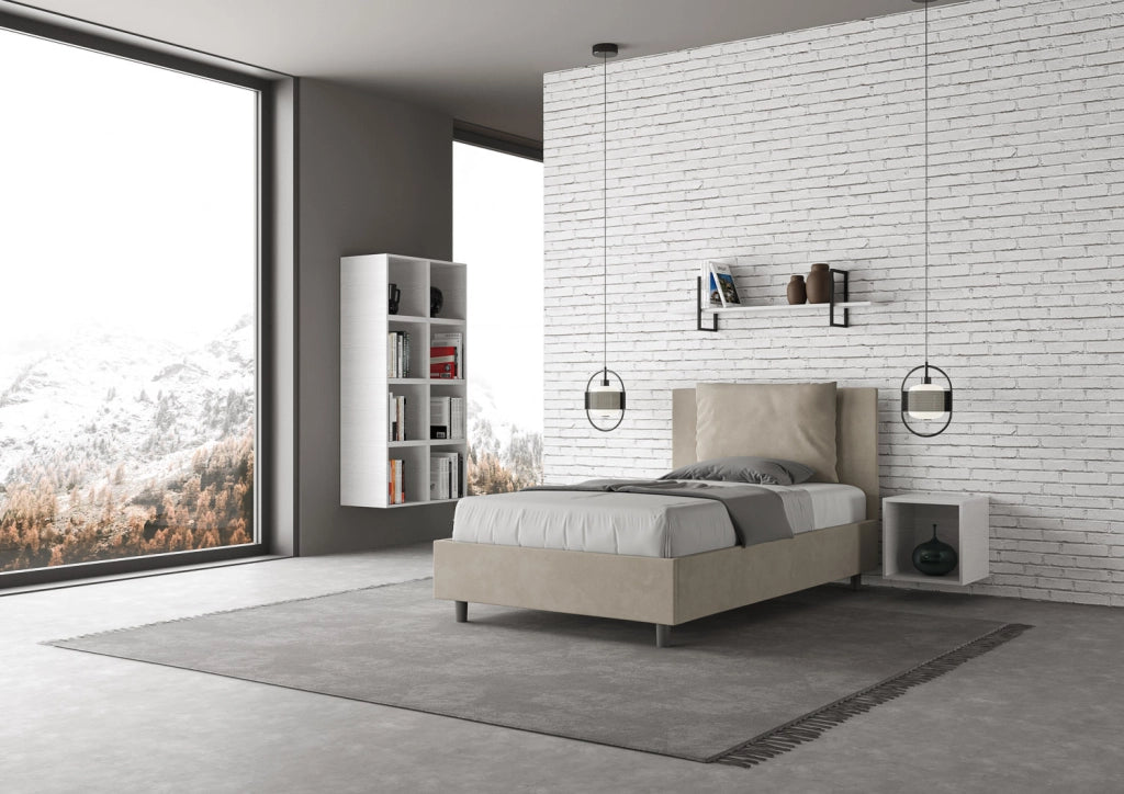 BS COM Letto una piazza e mezza con rete imbottito 110x190 microfibra sabbia