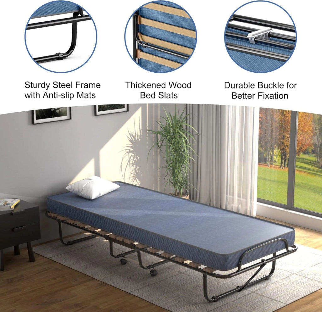 Letto Singolo Pieghevole di Emergenza, 80 x 190 cm, Letto Singolo con Materasso in Memory Foam, Telaio in Acciaio con 4 Ruote, 15 Doghe in Legno, Blu