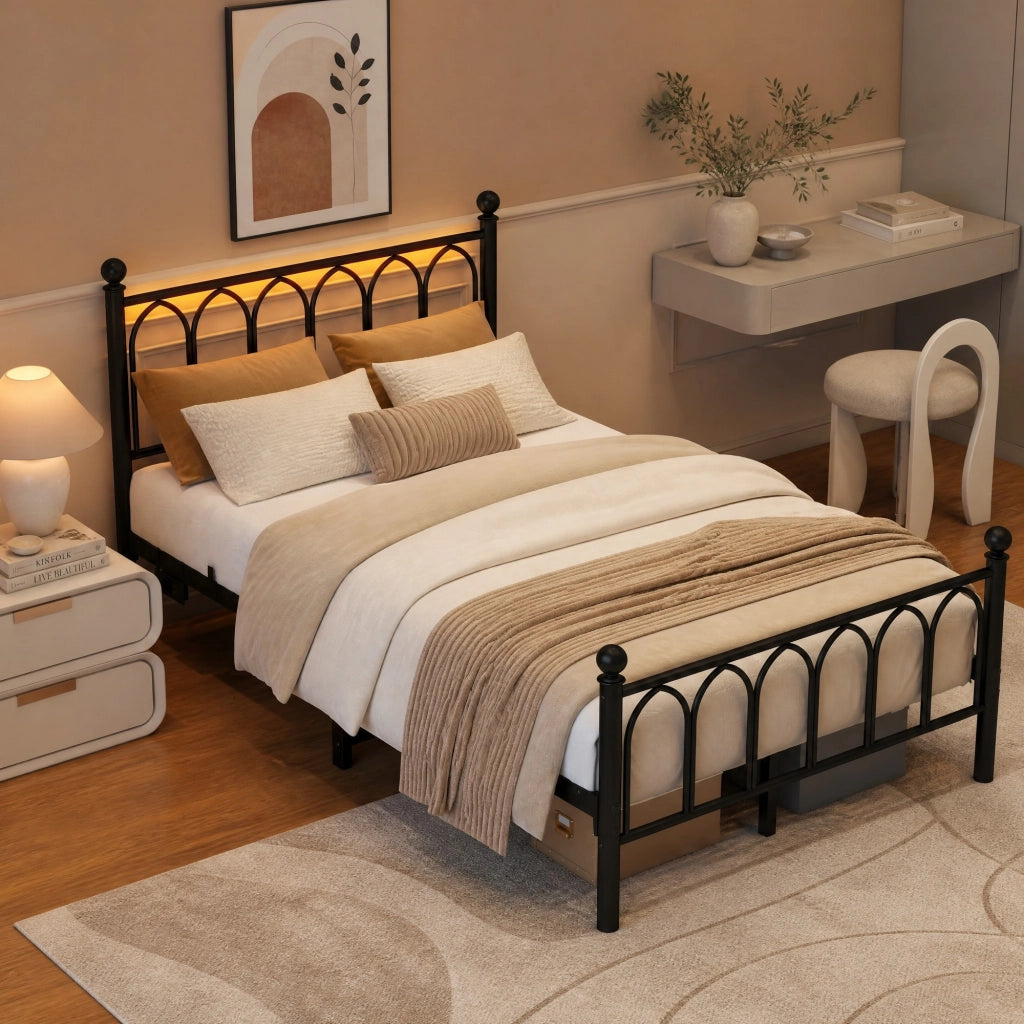 LETTO in metallo 120x200 cm Nero con testiera alta, LED, USB e presa