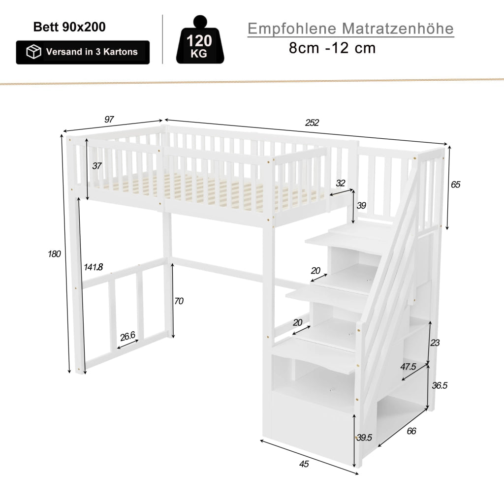 Letto a soppalco 90x200 cm in legno di pino bianco con scala contenitore