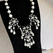 Collana con pendente a forma di diamante nero, cristallo e perla, realizzata a mano, regalo di Natale o compleanno.