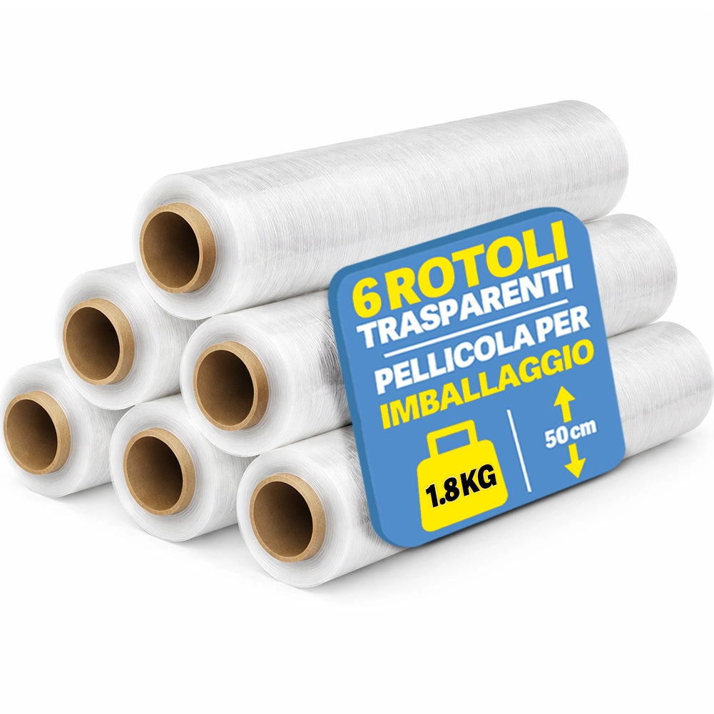 Set 6 Rotoli Pellicola da Imballaggio Film Estensibile Trasparente Altezza 50 cm