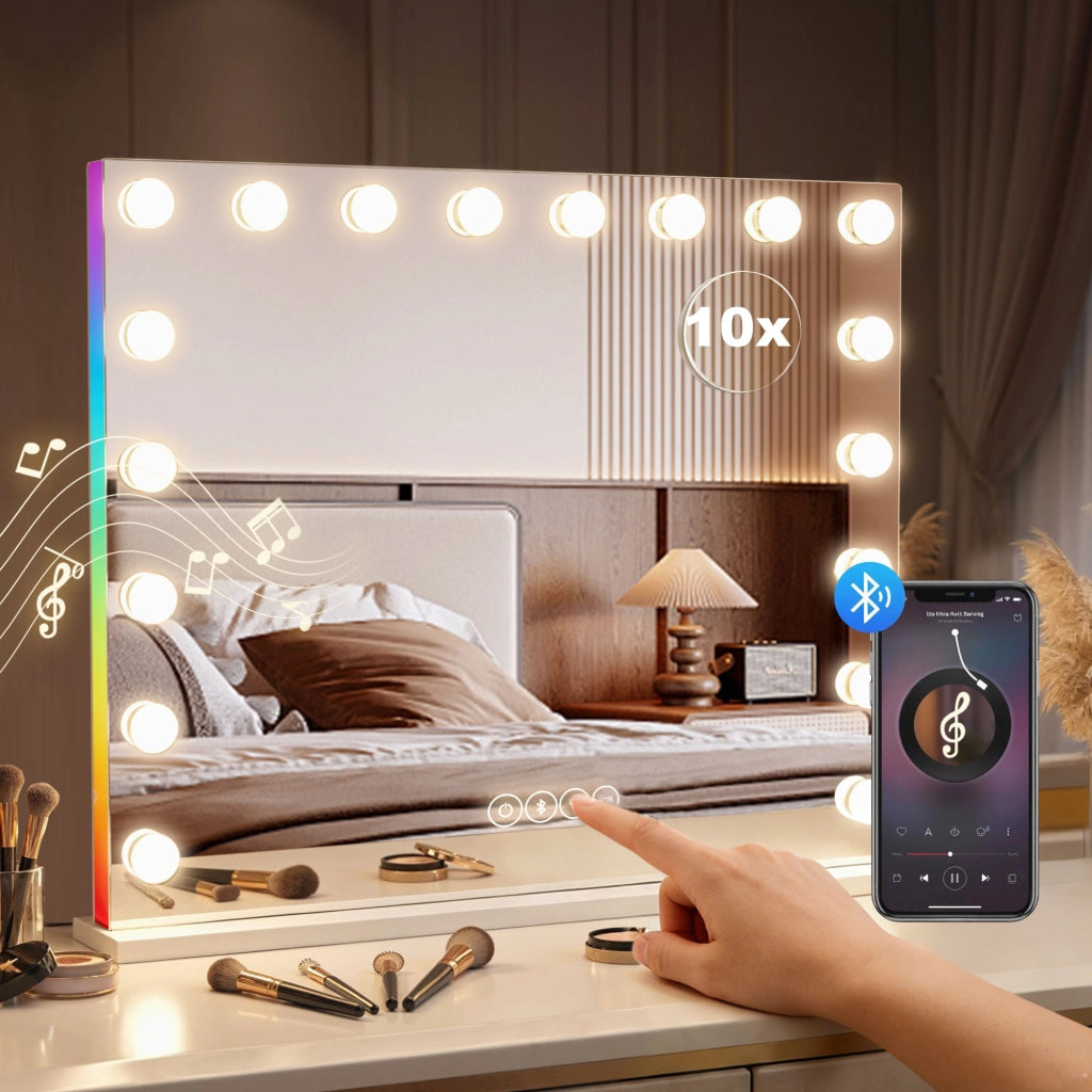 Specchio da Trucco Hollywood con 18 LED Dimmerabili, RGB, Bluetooth, 10x Ingrandimento ¨C Zephmum ¨C Bianco