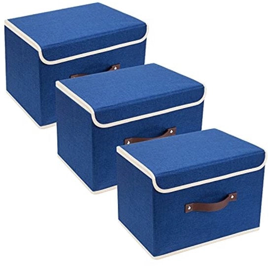 Cassetto di archiviazione ripiegabile con coperchio - Set di 3 - 38x25x25 cm - Blu classico